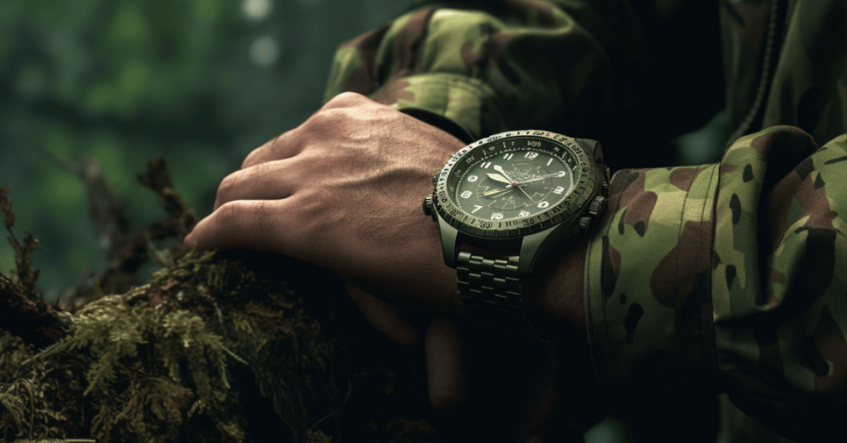 Close up picture of the best hunting watch wore by a hunter in a middle of a forest