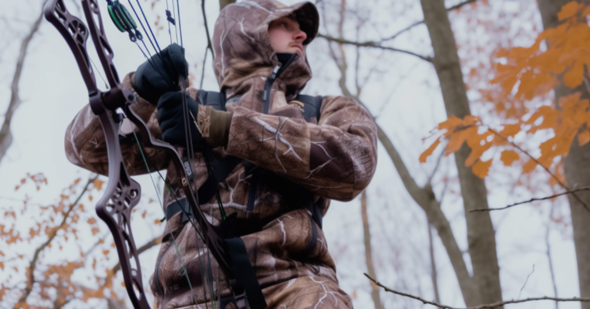 A hunter tethered up in the tree with the best hunting saddle